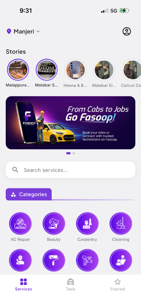 Fasoop local service marketplace and booking categories
