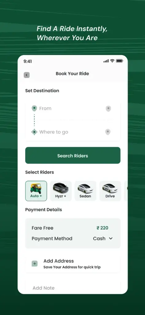 Hyzr ride booking and fare estimation